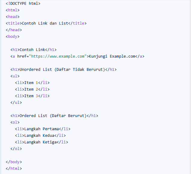 HTML link dan list
